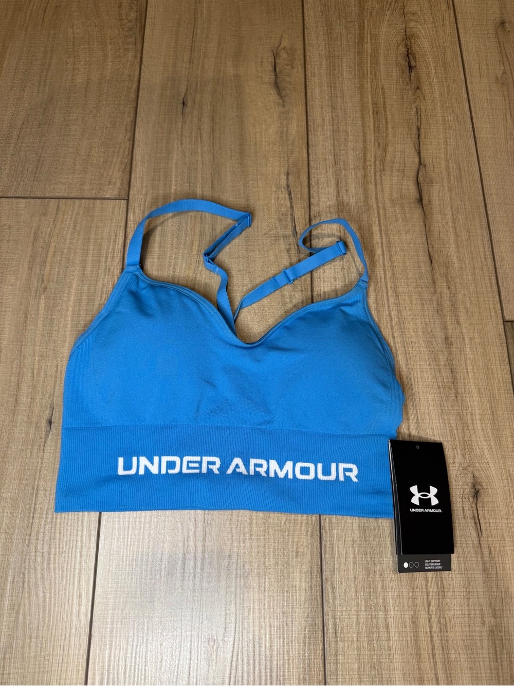 Under Armour Vanish Seamless Low Sports Bra XS Blue NWT Strappy Logo Workout